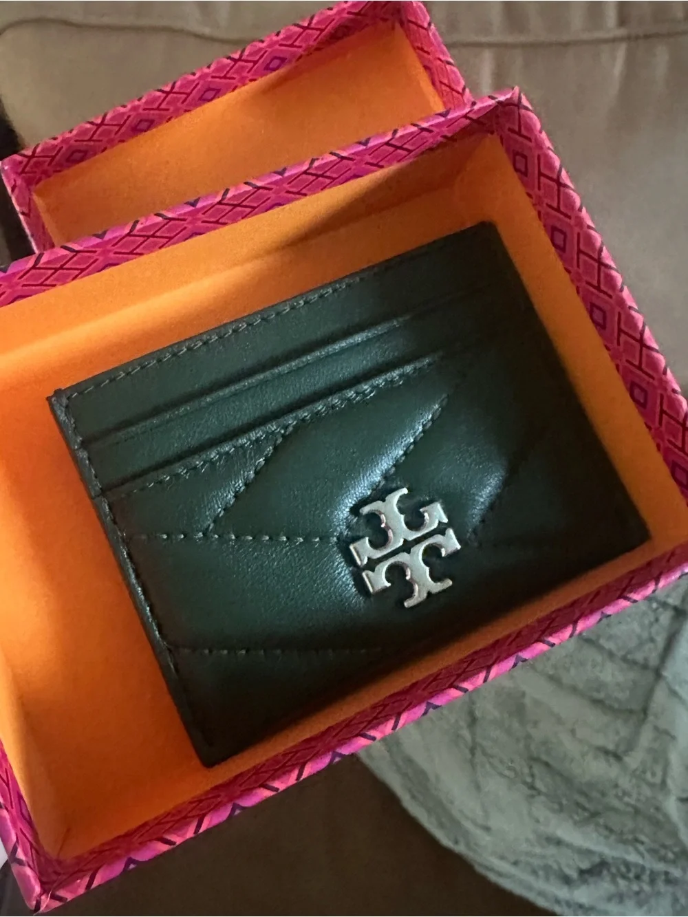 Tory Burch Dark Green Quilted Leather Card Wallet